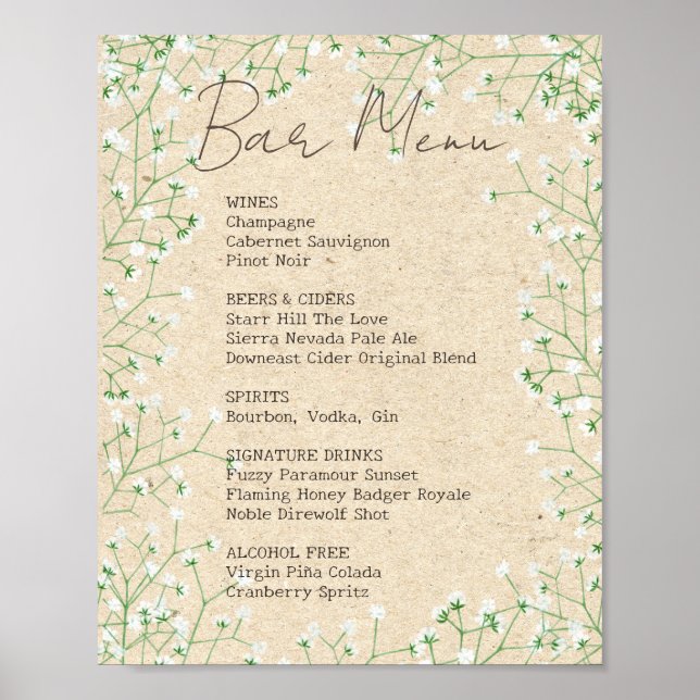 Rustic Baby's Breath Floral Wedding Bar Menu Sign (Front)