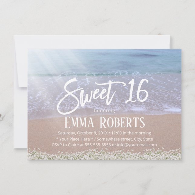 Rustic Baby's Breath Flowers Beach Sweet 16 Invitation (Front)