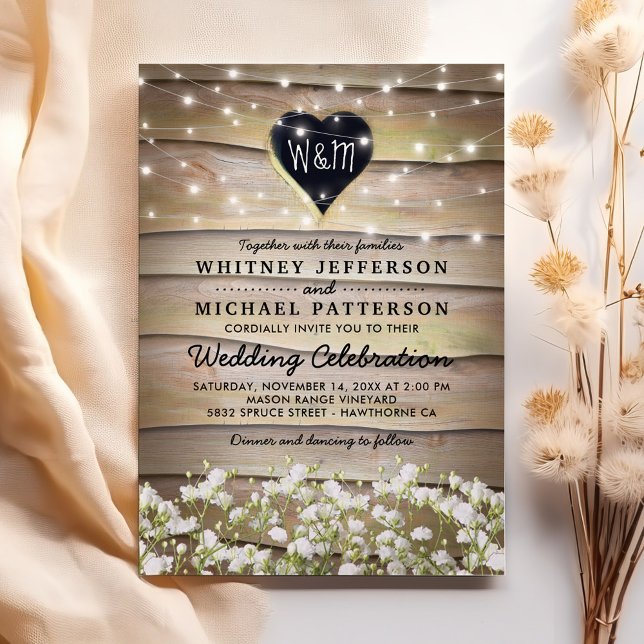 Rustic Baby's Breath Heart Twinkle Lights Wedding Invitation (Creator Uploaded)
