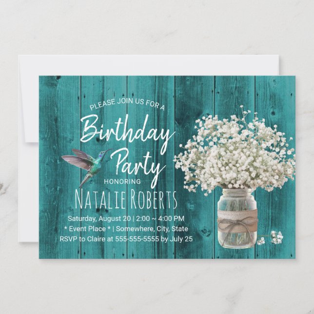 Rustic Baby's Breath & Hummingbird Teal Birthday Invitation (Front)