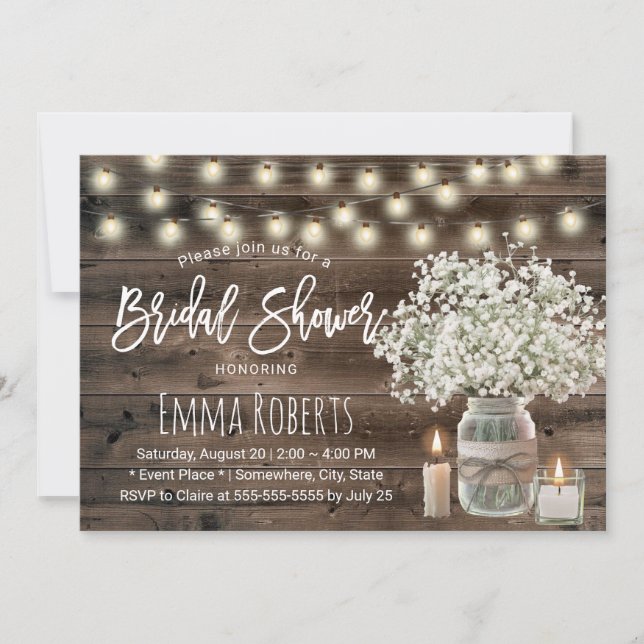 Rustic Baby's Breath Jar & Candle Bridal Shower Invitation (Front)