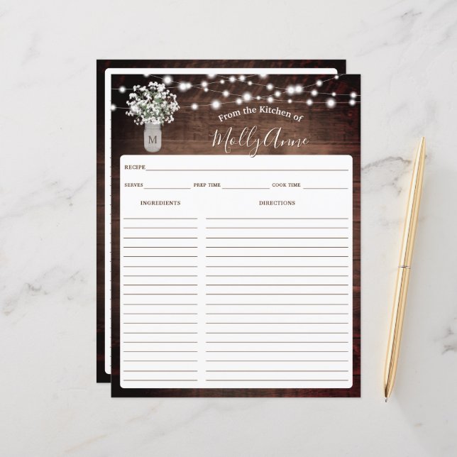 Rustic Baby's Breath Jar Lights Recipe Sheet (Front/Back In Situ)