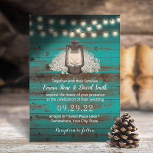 Rustic Baby's Breath & Lantern Teal Barn Wedding Invitation