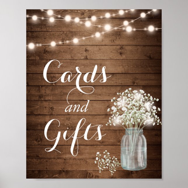 Rustic Baby's Breath Lights Cards and Gifts Sign (Front)