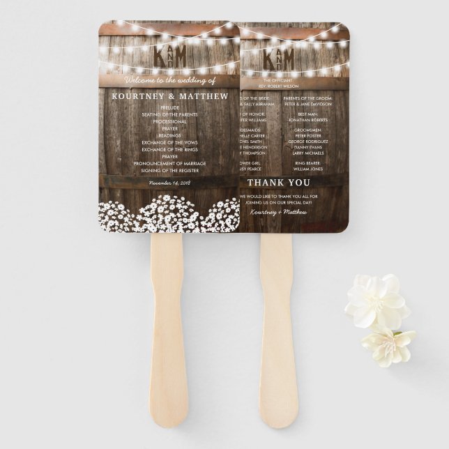 Rustic Baby's Breath Lights Wedding Program Hand Fan (Front and Back)