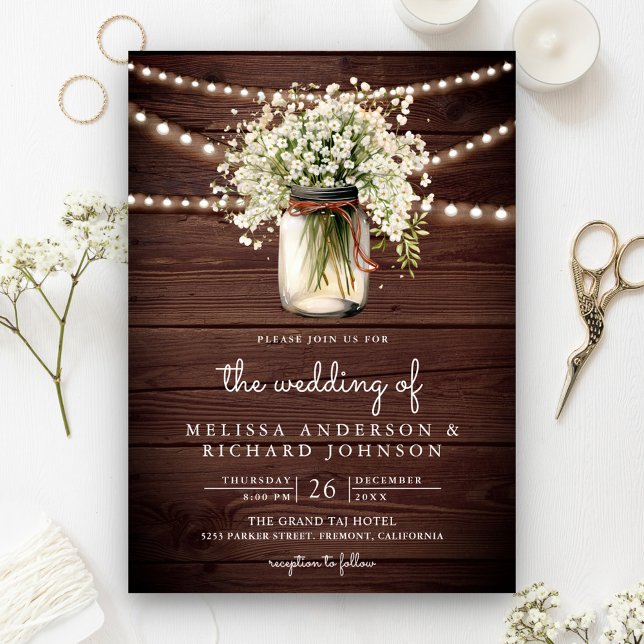 Rustic Baby's Breath Mason Jar All in One Wedding Invitation (Creator Uploaded)