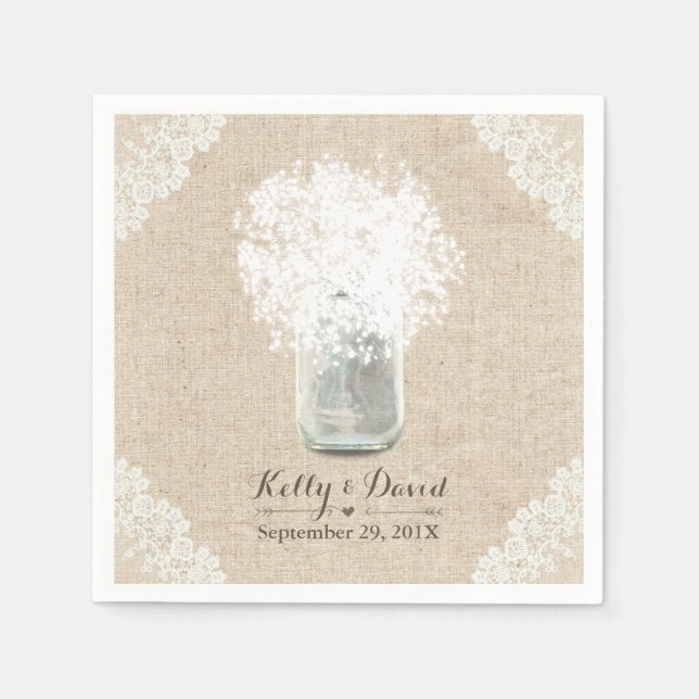 Rustic Baby's Breath Mason Jar Lace Burlap Wedding Napkin (Front)