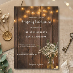 Rustic Baby's Breath Mason Jar Lights Wedding Invi