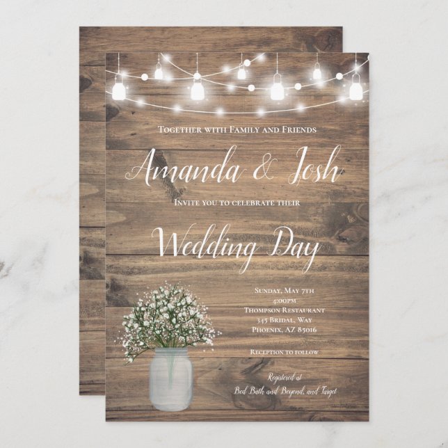 Rustic Babys Breath Mason Jar Lights Wedding Invitation (Front/Back)