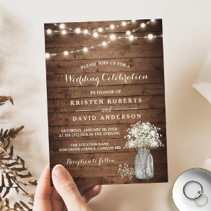 Rustic Baby's Breath Mason Jar Lights Wedding Invitation