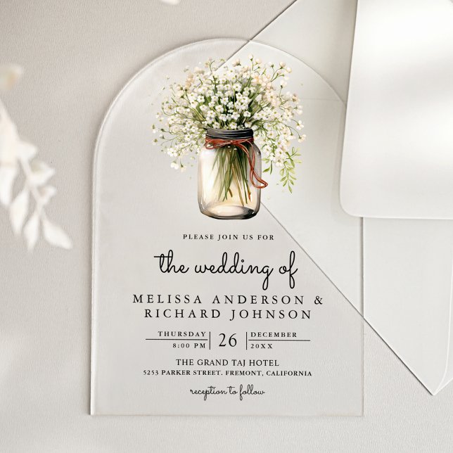 Rustic Baby's Breath Mason Jar Wedding Acrylic Invitations (Creator Uploaded)