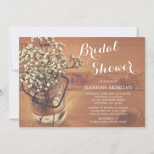 Rustic Baby's Breath Mason Jar Wood Bridal Shower Invitation (Front)