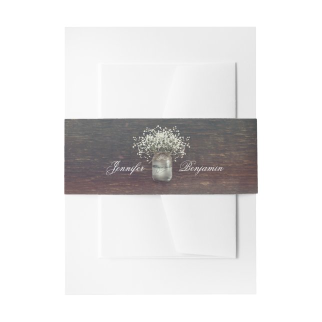 Rustic Baby's Breath Mason Jar Wood Invitation Belly Band (Front Example)