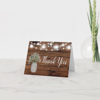 Rustic Babys Breath Mason Jar Wood Thank You Card