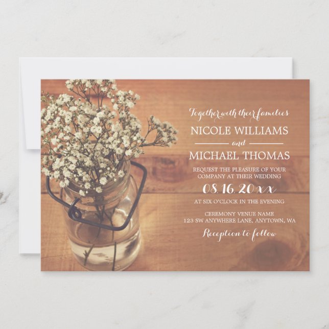 Rustic Baby's Breath Mason Jar Wood Wedding Invitation (Front)