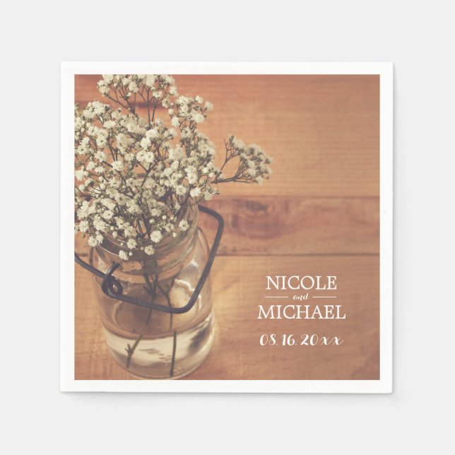 Rustic Baby's Breath Mason Jar Wood Wedding Napkin (Front)