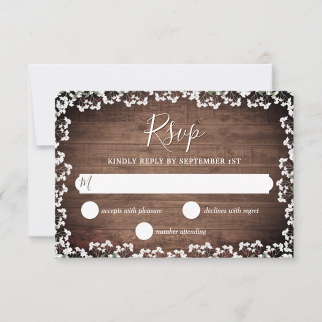 Rustic Baby's Breath on Dark Wood Wedding RSVP Card (Front)