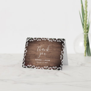 Rustic Baby's Breath on Dark Wood Wedding Thank You Card
