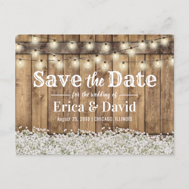 Rustic Baby's Breath String Lights Save the Date Announcement Postcard (Front)