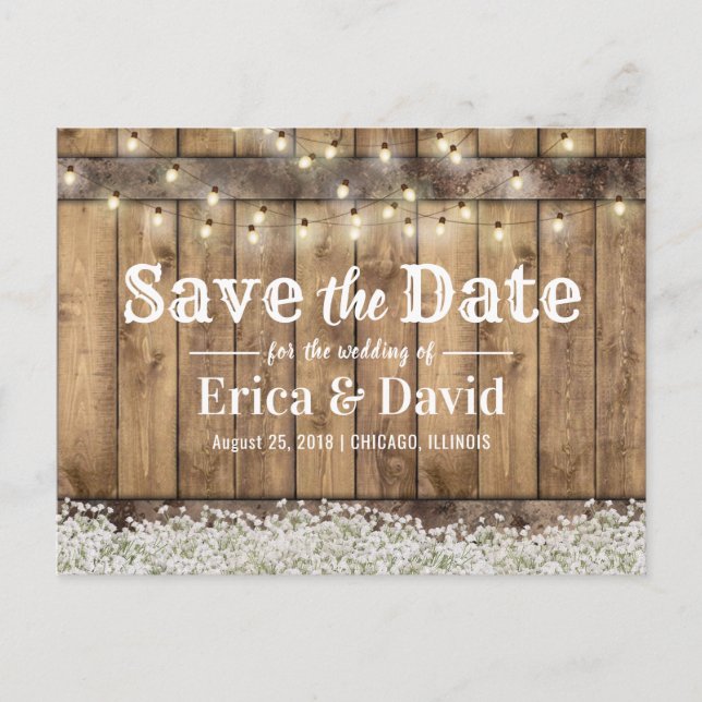 Rustic Baby's Breath String Lights Save the Date Announcement Postcard (Front)