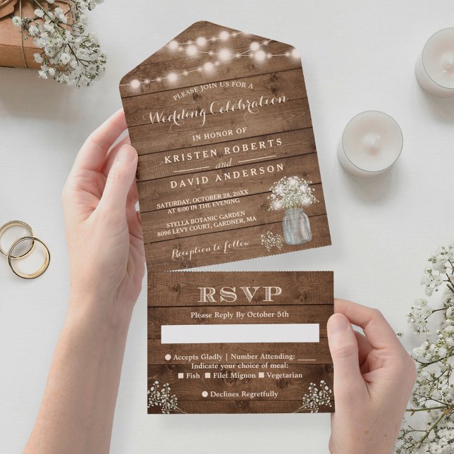 Rustic Baby's Breath String Lights Wedding All In One Invitation (Creator Uploaded)