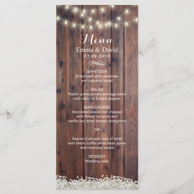 Rustic Baby's Breath & String Lights Wedding Menu (Front)
