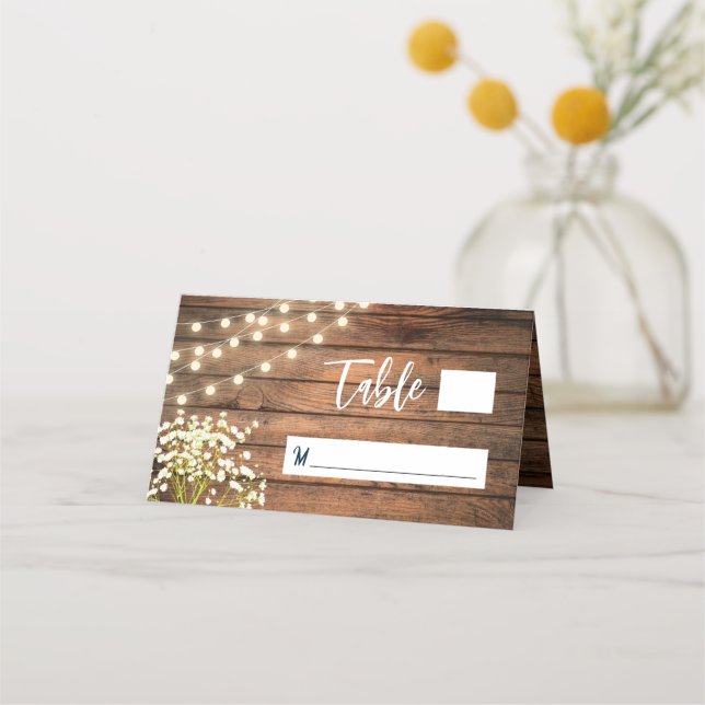 Rustic Baby's Breath & String Lights Wood Wedding Place Card (Front)