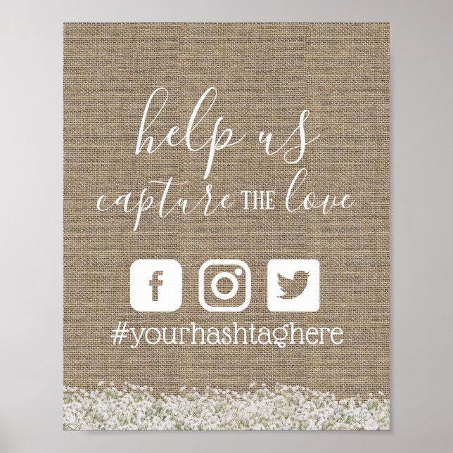 Rustic Baby's Breath Wedding Social Media Hashtag Poster (Front)