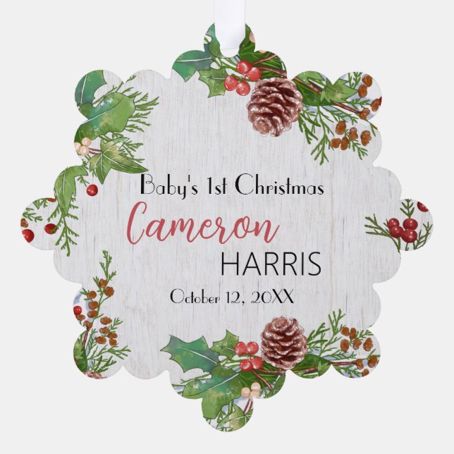 Rustic Baby's Milestone 1st Christmas Photo  Tree Decoration Card (Back)