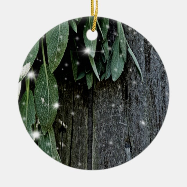 Rustic backyard barn wood and sage | country charm ceramic tree decoration (Front)