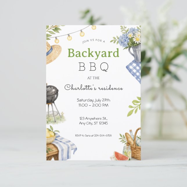 Rustic Backyard BBQ Summer Floral Party Invitation (Standing Front)
