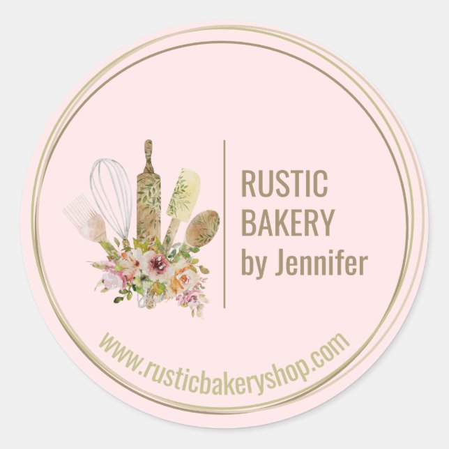 Rustic Bakery Chef circle frame cute blush kitchen Classic Round Sticker (Front)