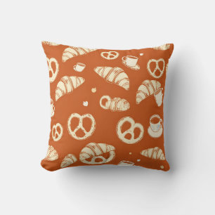 Rustic Bakery Croissants and Pretzels Hand-Drawn  Cushion