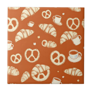 Rustic Bakery Croissants and Pretzels Hand-Drawn Tile