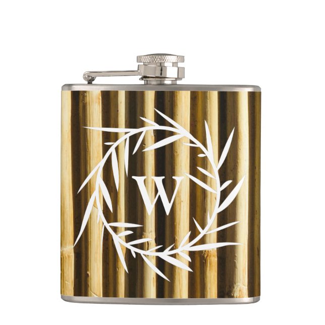 Rustic Bamboo Monogram Vertical Lines Pattern Hip Flask (Front)