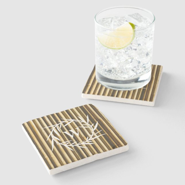 Rustic Bamboo Monogram Vertical Lines Pattern Stone Coaster (Side)