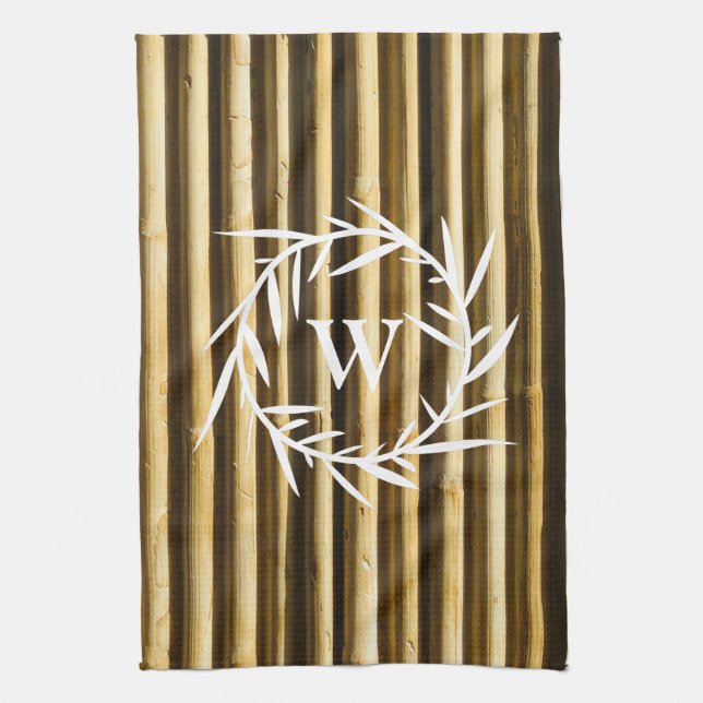 Rustic Bamboo Monogram Vertical Lines Pattern Tea Towel (Vertical)