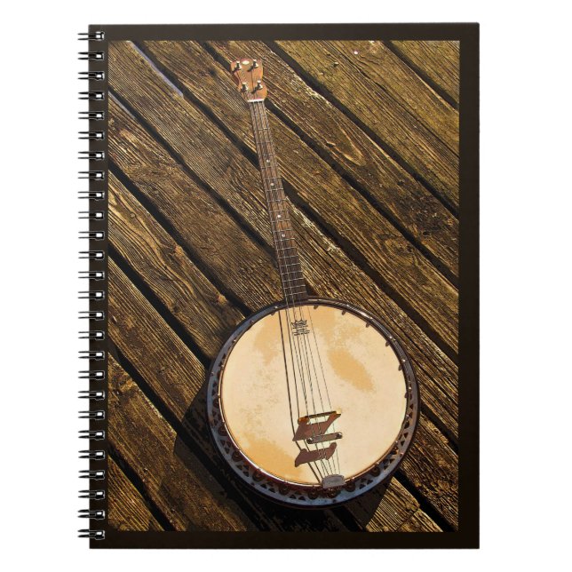 Rustic Banjo Music Instrument on Wood Notebook (Front)