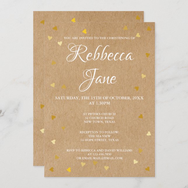 Rustic Baptism Christening Gold Hearts  Invitation (Front/Back)