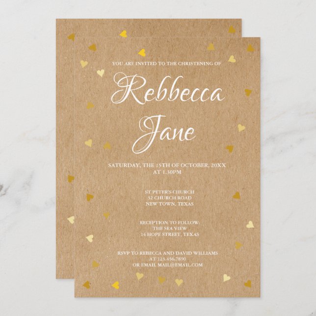 Rustic Baptism Christening Gold Hearts Invitation (Front/Back)