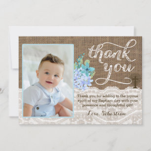Rustic Baptism Photo Thank You For Boy, 7x5 Card