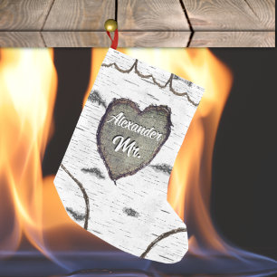 Rustic Bark Wood Carved Heart Aspen Tree Mr. Small Christmas Stocking