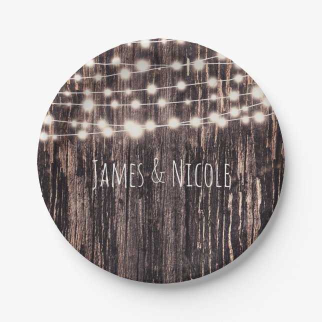 Rustic Bark Wood & String Lights Fall Party Paper Plate (Front)
