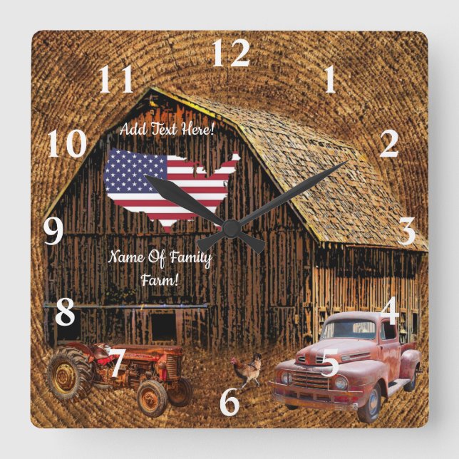 Rustic Barn American Flag Square Wall Clock (Front)