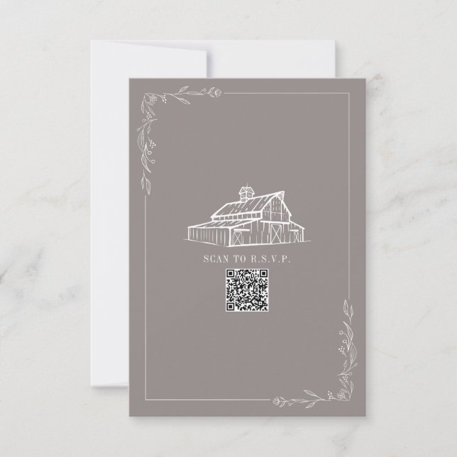 Rustic Barn Amethyst Grey QR Code Wedding RSVP (Front)