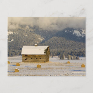 Rustic barn and hay bales after a fresh snow 2 postcard