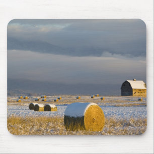 Rustic barn and hay bales after a fresh snow 3 mouse pad