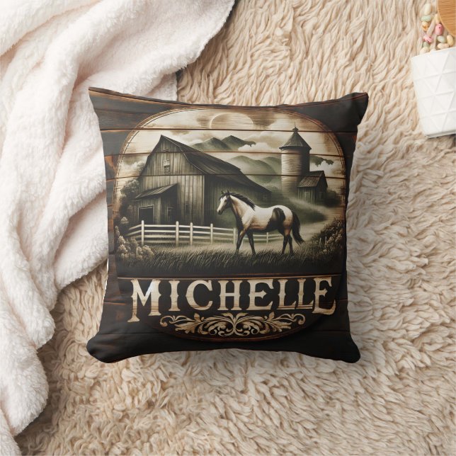 Rustic Barn and Horse Illustration at Twilight Cushion (Blanket)