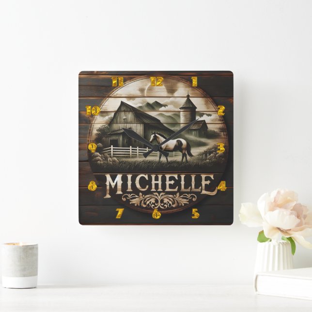 Rustic Barn and Horse Illustration at Twilight Square Wall Clock (Home)