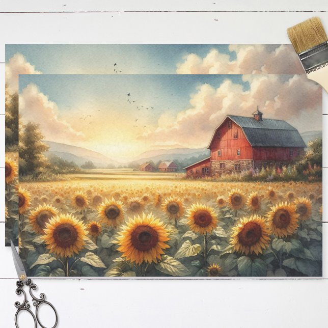 Rustic Barn and Sunflowers Watercolor Decoupage Tissue Paper (Creator Uploaded)